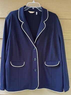 Anthology Navy White Trim Button Blazer Jersey Career Jacket Size 22